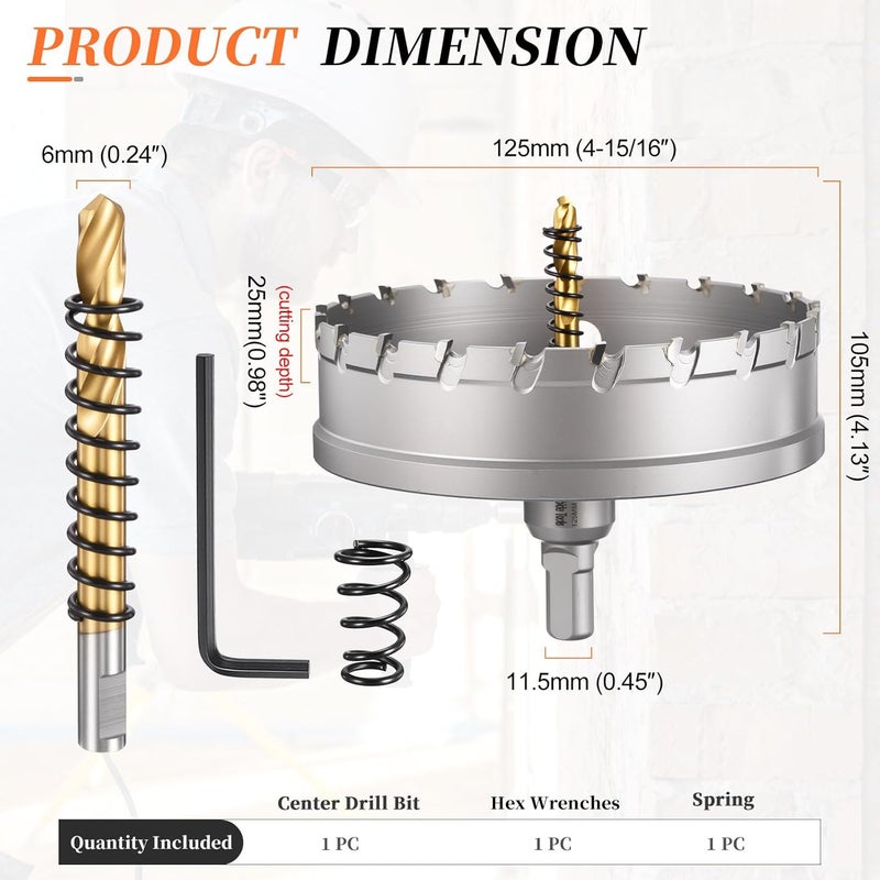 METALLIXITY Hole Saw 125mm (4-29/32"), Heavy Duty Tungsten Carbide with Center Drill Bit Hex Key Spring - Hole Cutters for Thick Stainless Steel Steel Metal Plates. Silver - Image 2